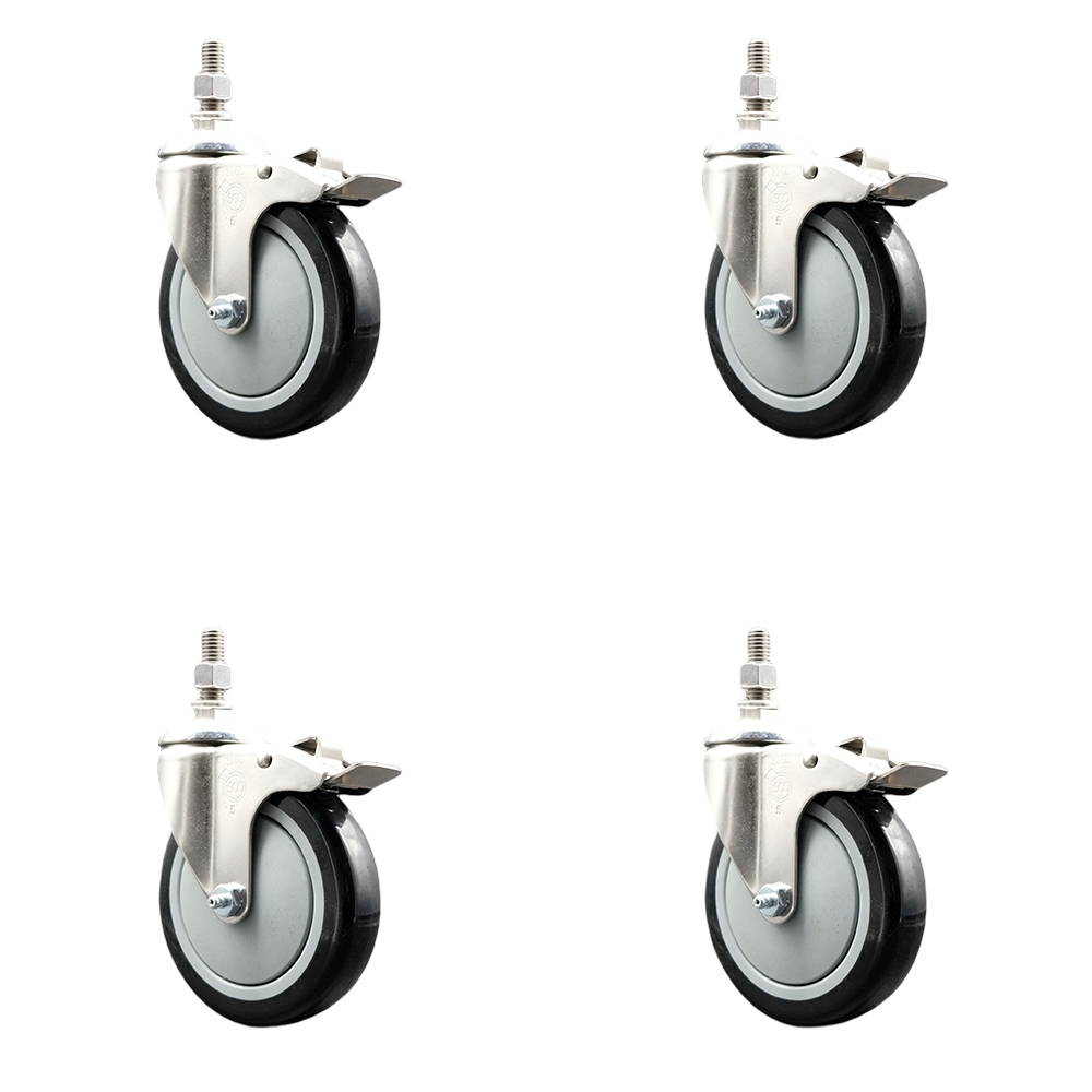 Polyurethane Swivel Stem Caster Set of 4 with 5 Inch Black Caster Wheels - 3/8" Threaded Stems - 316 Stainless Steel Casters - Includes 4 Swivel Casters with Total Lock Brakes - Service Caster Brand — photo 1
