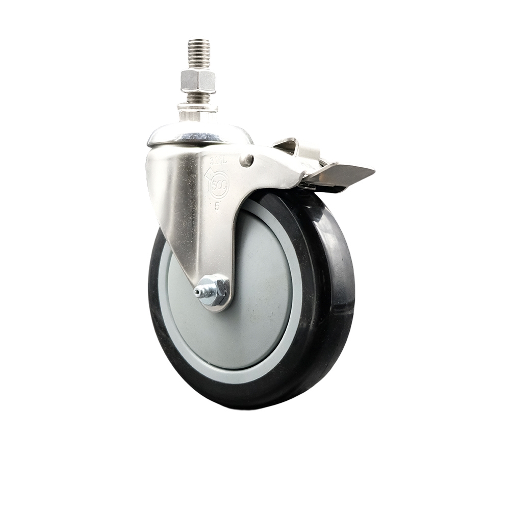 Polyurethane Swivel Stem Caster with 5 Inch Black Caster Wheel and Total Lock Brake - 3/8" Threaded Stem - 316 Stainless Steel Caster - 350 lbs. Capacity Per Caster - Service Caster Brand — photo 1