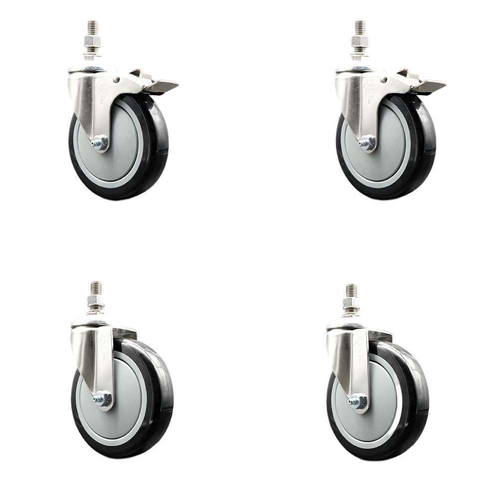 Poly Swivel Stem Caster Set of 4 with 5 Inch Black Caster Wheels-10mm Metric Threaded Stems-316 Stainless Steel Casters-Include 2 Swivel Casters with Total Lock Brake and 2 Swivel-Service Caster Brand — photo 1
