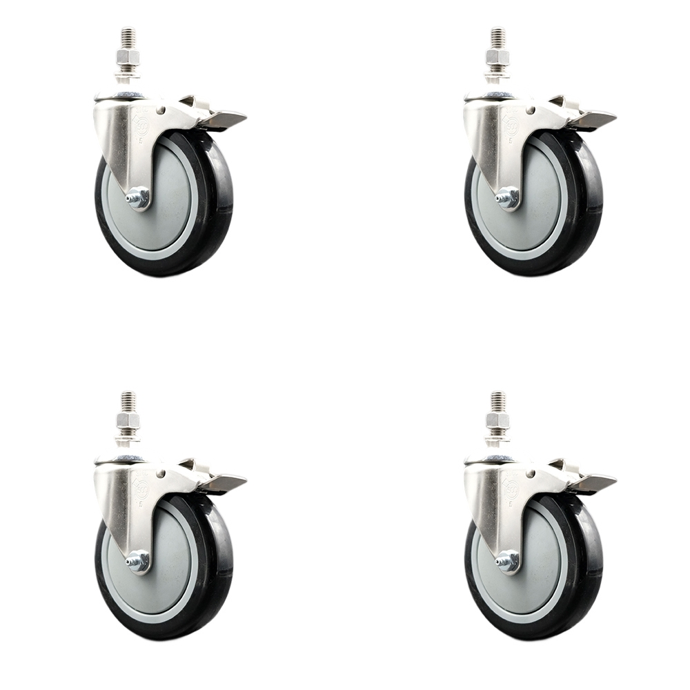 Polyurethane Swivel Stem Caster Set of 4 with 5 Inch Black Caster Wheels - 10mm Metric Threaded Stems -316 Stainless Steel Casters-Includes 4 Swivel Casters with Total Lock Brakes-Service Caster Brand — photo 1
