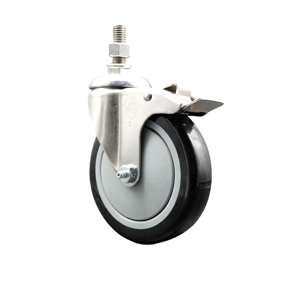 Polyurethane Swivel Stem Caster with 5 Inch Black Caster Wheel and Total Lock Brake - 10mm Metric Threaded Stem - 316 Stainless Steel Caster - 350 lbs. Capacity Per Caster - Service Caster Brand — photo 1