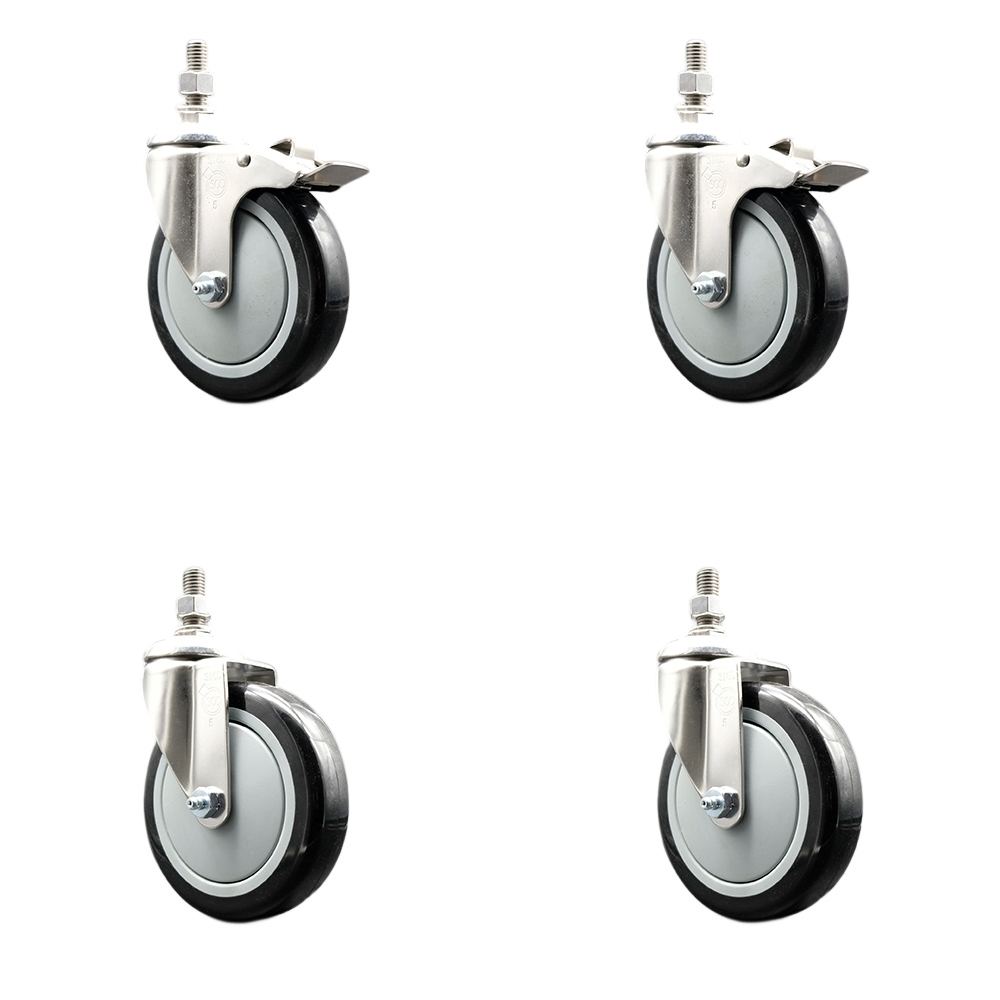 Poly Swivel Stem Caster Set of 4 with 5 Inch Black Caster Wheels-12mm Metric Threaded Stems-316 Stainless Steel Casters-Include 2 Swivel Casters with Total Lock Brake and 2 Swivel-Service Caster Brand — photo 1