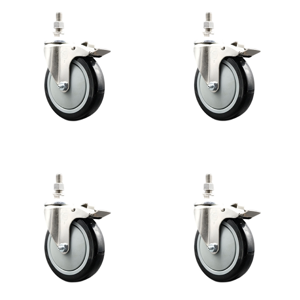 Polyurethane Swivel Stem Caster Set of 4 with 5 Inch Black Caster Wheels - 12mm Metric Threaded Stems -316 Stainless Steel Casters-Includes 4 Swivel Casters with Total Lock Brakes-Service Caster Brand — photo 1