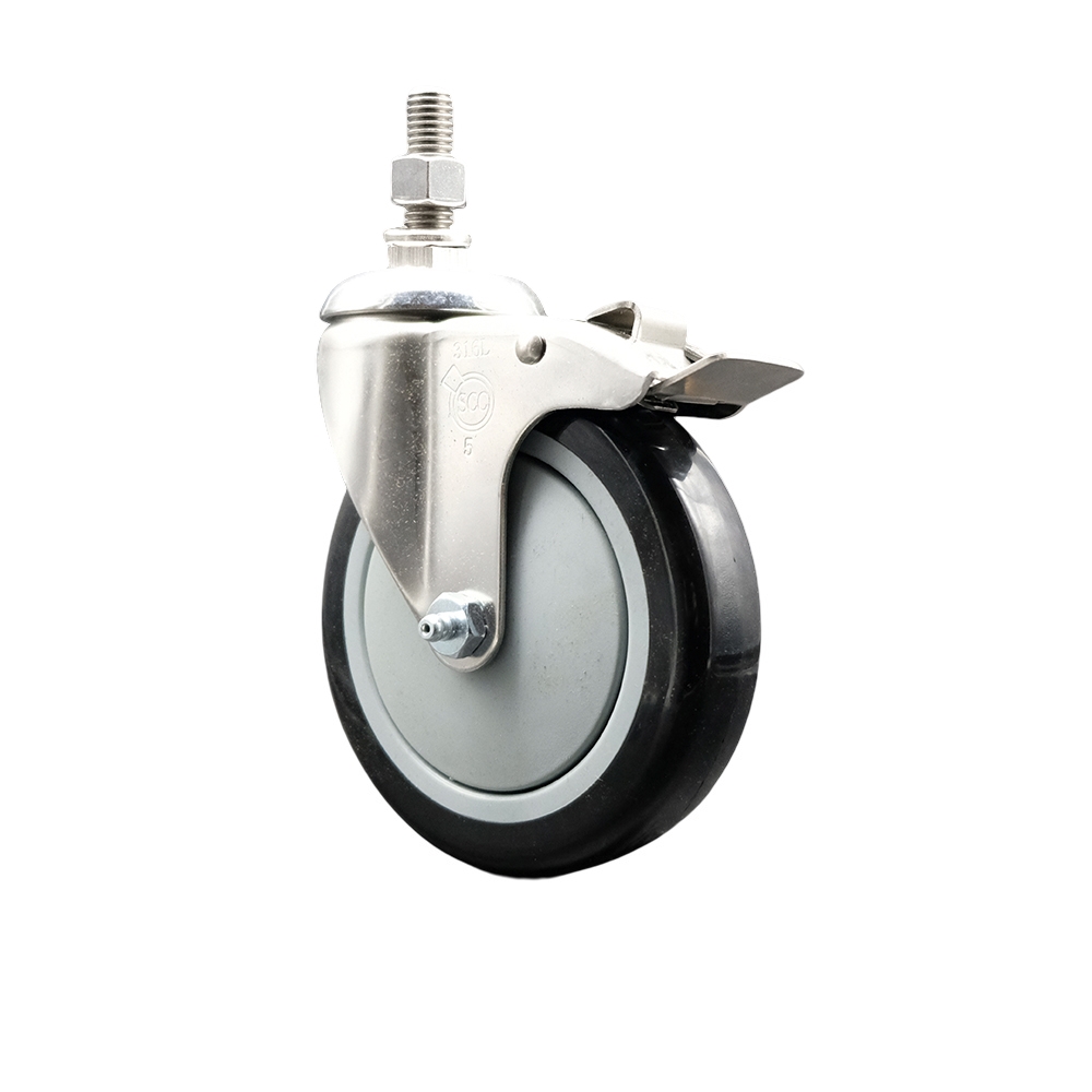 Polyurethane Swivel Stem Caster with 5 Inch Black Caster Wheel and Total Lock Brake - 12mm Metric Threaded Stem - 316 Stainless Steel Caster - 350 lbs. Capacity Per Caster - Service Caster Brand — photo 1