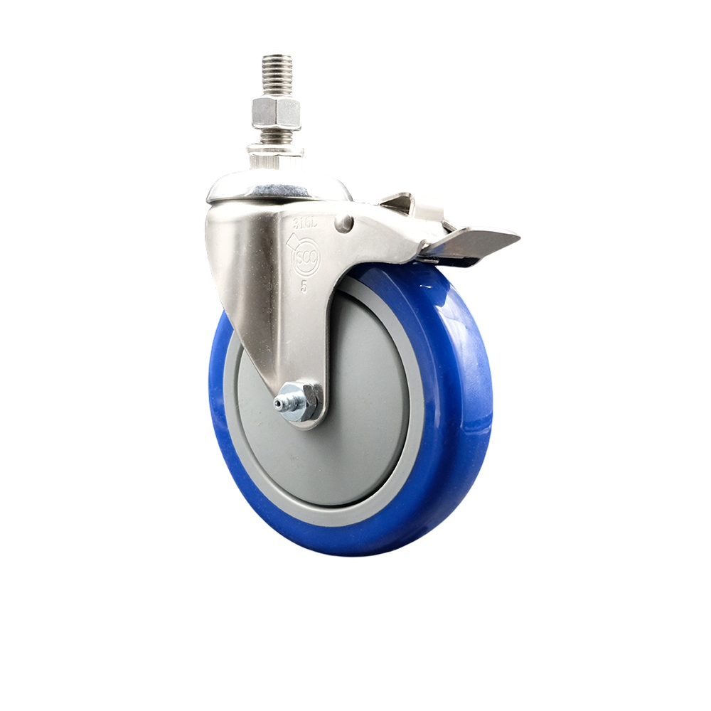 Polyurethane Swivel Stem Caster with 5 Inch Blue Caster Wheel and Total Lock Brake - 3/8" Threaded Stem - 316 Stainless Steel Caster - 350 lbs. Capacity Per Caster - Service Caster Brand — photo 1