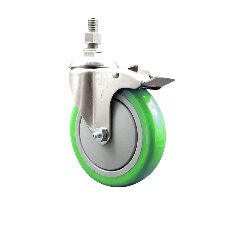 Polyurethane Swivel Stem Caster with 5 Inch Green Caster Wheel and Total Lock Brake - 1/2" Threaded Stem - 316 Stainless Steel Caster - 350 lbs. Capacity Per Caster - Service Caster Brand — photo 1
