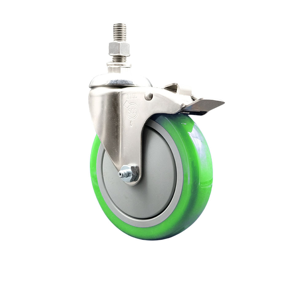 Polyurethane Swivel Stem Caster with 5 Inch Green Caster Wheel and Total Lock Brake - 10mm Metric Threaded Stem - 316 Stainless Steel Caster - 350 lbs. Capacity Per Caster - Service Caster Brand — photo 1