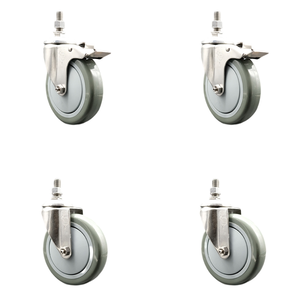 Poly Swivel Stem Caster Set of 4 with 5 Inch Gray Caster Wheels-10mm Metric Threaded Stems-316 Stainless Steel Casters-Include 2 Swivel Casters with Total Lock Brake and 2 Swivel-Service Caster Brand — photo 1
