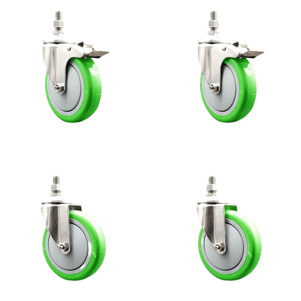 Poly Swivel Stem Caster Set of 4 with 5 Inch Green Caster Wheels-10mm Metric Threaded Stems-316 Stainless Steel Casters-Include 2 Swivel Casters with Total Lock Brake and 2 Swivel-Service Caster Brand — photo 1