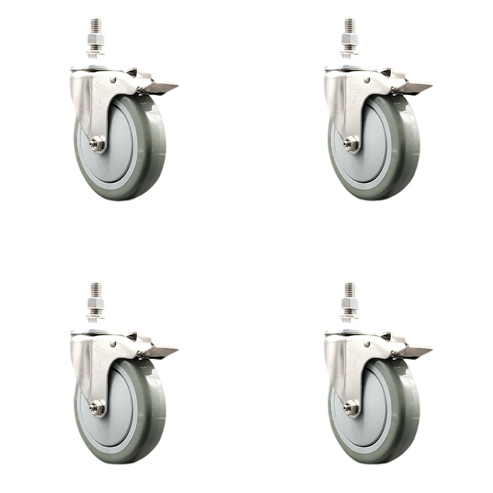 Polyurethane Swivel Stem Caster Set of 4 with 5 Inch Gray Caster Wheels - 10mm Metric Threaded Stems -316 Stainless Steel Casters-Includes 4 Swivel Casters with Total Lock Brakes-Service Caster Brand — photo 1