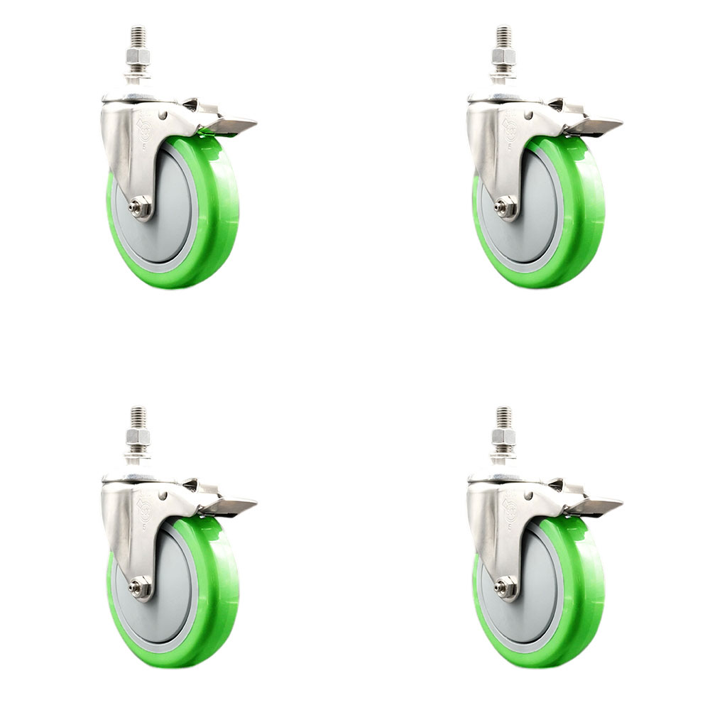 Polyurethane Swivel Stem Caster Set of 4 with 5 Inch Green Caster Wheels - 10mm Metric Threaded Stems -316 Stainless Steel Casters-Includes 4 Swivel Casters with Total Lock Brakes-Service Caster Brand — photo 1