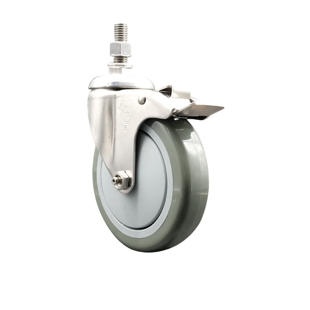 Polyurethane Swivel Stem Caster with 5 Inch Gray Caster Wheel and Total Lock Brake - 10mm Metric Threaded Stem - 316 Stainless Steel Caster - 350 lbs. Capacity Per Caster - Service Caster Brand — photo 1
