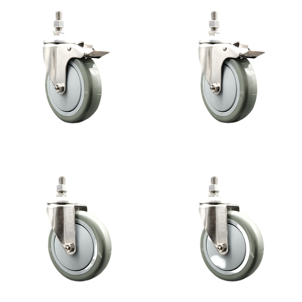 Poly Swivel Stem Caster Set of 4 with 5 Inch Gray Caster Wheels-12mm Metric Threaded Stems-316 Stainless Steel Casters-Include 2 Swivel Casters with Total Lock Brake and 2 Swivel-Service Caster Brand — photo 1