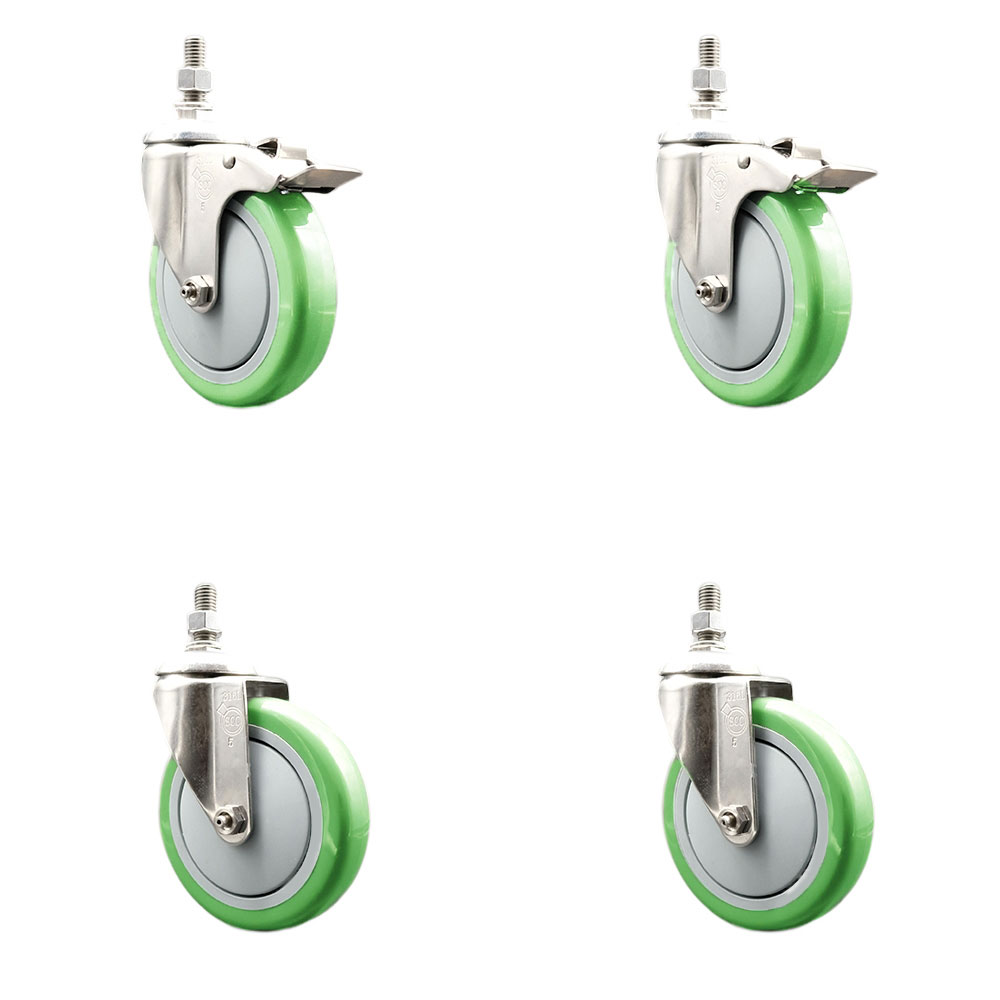 Poly Swivel Stem Caster Set of 4 with 5 Inch Green Caster Wheels-12mm Metric Threaded Stems-316 Stainless Steel Casters-Include 2 Swivel Casters with Total Lock Brake and 2 Swivel-Service Caster Brand — photo 1
