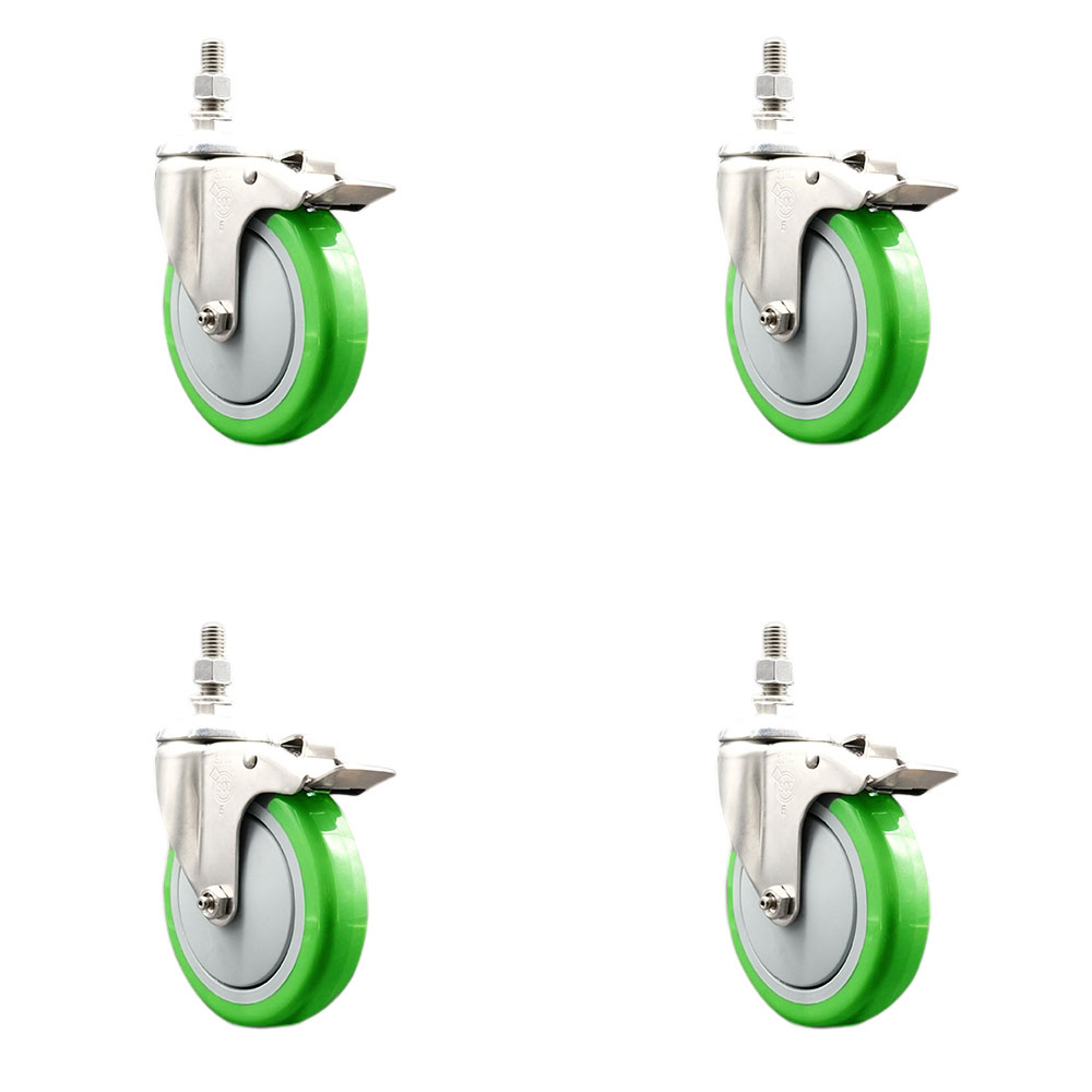 Polyurethane Swivel Stem Caster Set of 4 with 5 Inch Green Caster Wheels - 12mm Metric Threaded Stems -316 Stainless Steel Casters-Includes 4 Swivel Casters with Total Lock Brakes-Service Caster Brand — photo 1