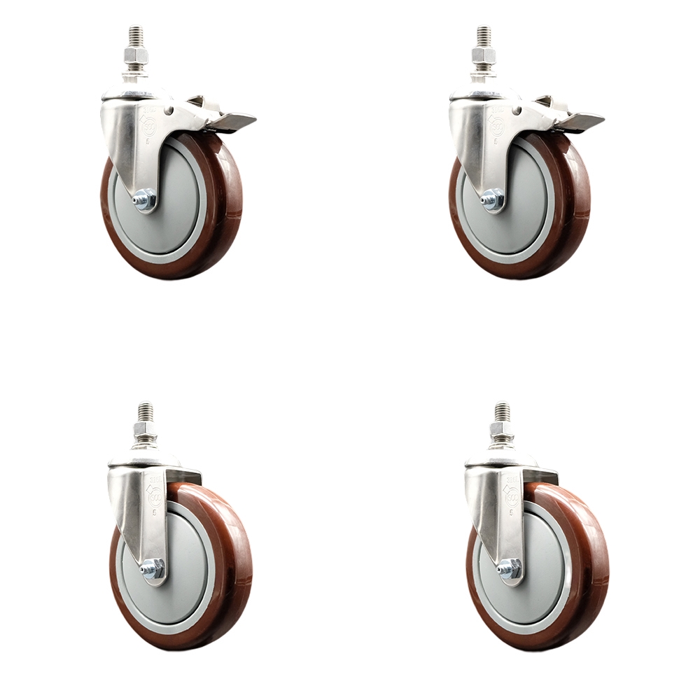 Poly Swivel Stem Caster Set of 4 with 5 Inch Maroon Caster Wheels - 1/2" Threaded Stems - 316 Stainless Steel Casters-Includes 2 Swivel Casters with Total Lock Brakes and 2 Swivel-Service Caster Brand — photo 1