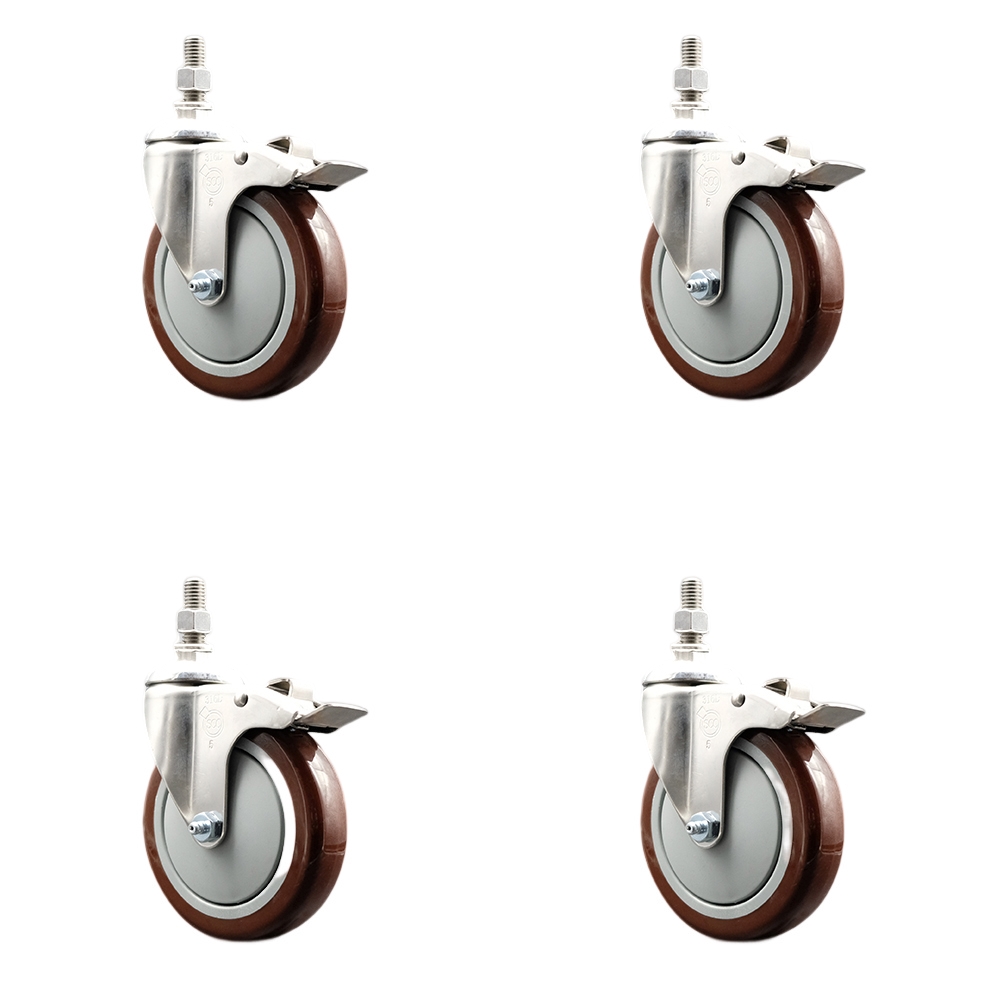 Polyurethane Swivel Stem Caster Set of 4 with 5 Inch Maroon Caster Wheels - 1/2" Threaded Stems - 316 Stainless Steel Casters - Includes 4 Swivel Casters with Total Lock Brakes - Service Caster Brand — photo 1