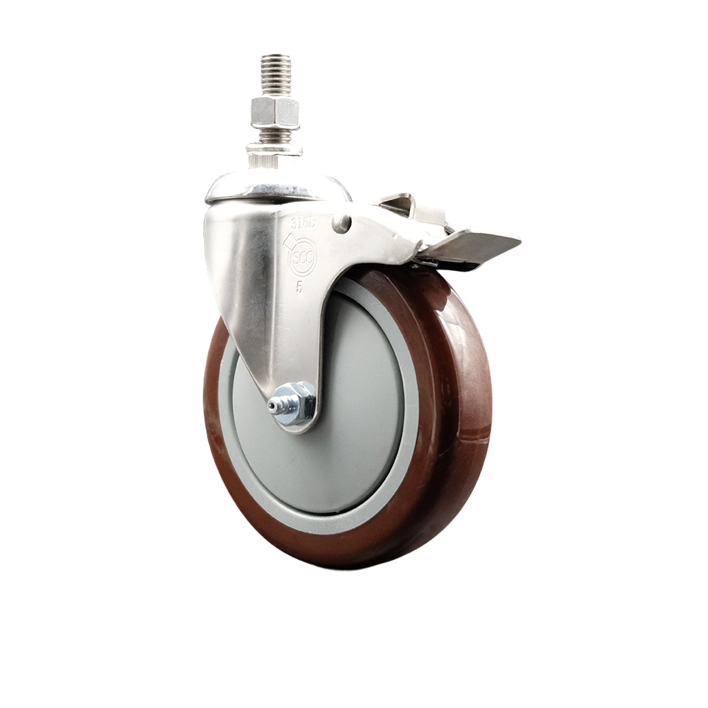 Polyurethane Swivel Stem Caster with 5 Inch Maroon Caster Wheel and Total Lock Brake - 1/2" Threaded Stem - 316 Stainless Steel Caster - 350 lbs. Capacity Per Caster - Service Caster Brand — photo 1