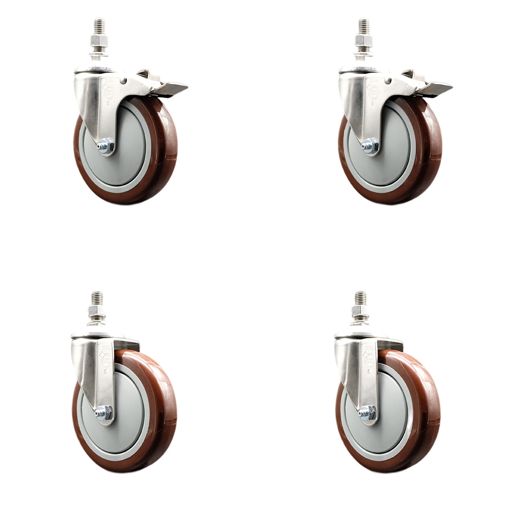 Poly Swivel Stem Caster Set of 4 with 5 Inch Maroon Caster Wheels - 3/8" Threaded Stems - 316 Stainless Steel Casters-Includes 2 Swivel Casters with Total Lock Brakes and 2 Swivel-Service Caster Brand — photo 1