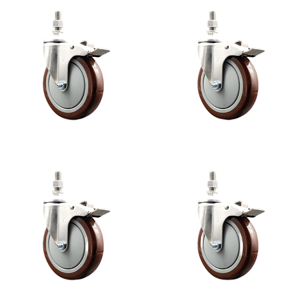 Polyurethane Swivel Stem Caster Set of 4 with 5 Inch Maroon Caster Wheels - 3/8" Threaded Stems - 316 Stainless Steel Casters - Includes 4 Swivel Casters with Total Lock Brakes - Service Caster Brand — photo 1