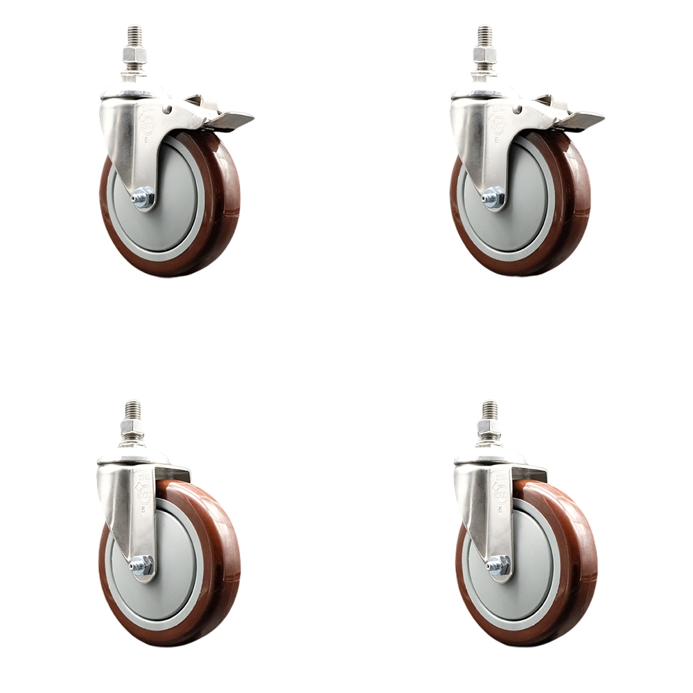 Poly Swivel Stem Caster Set of 4 with 5 Inch Maroon Caster Wheels-10mm Metric Threaded Stems-316 Stainless Steel Caster-Include 2 Swivel Casters with Total Lock Brake and 2 Swivel-Service Caster Brand — photo 1