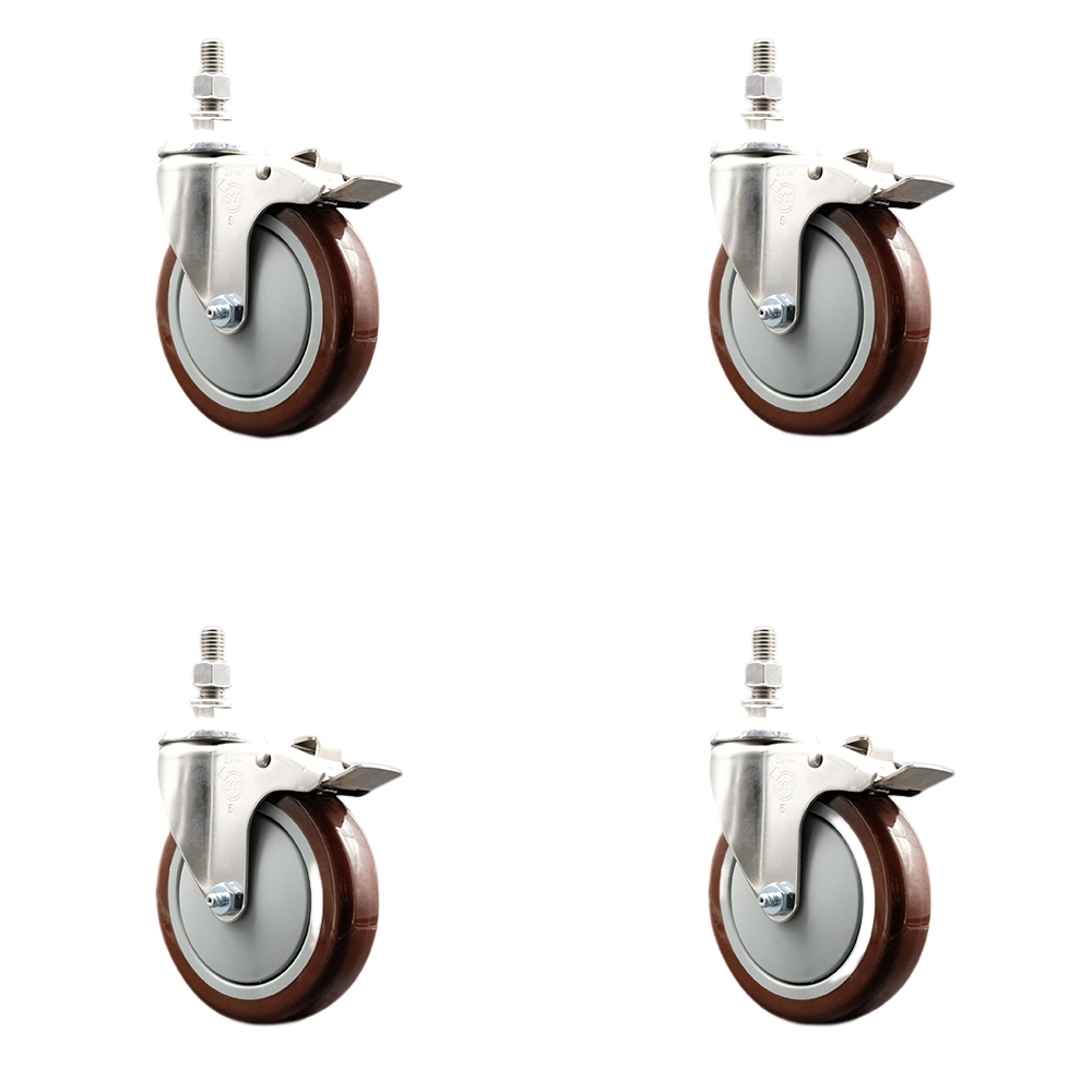 Polyurethane Swivel Stem Caster Set of 4 with 5 Inch Maroon Caster Wheels - 10mm Metric Threaded Stems-316 Stainless Steel Casters-Includes 4 Swivel Casters with Total Lock Brakes-Service Caster Brand — photo 1
