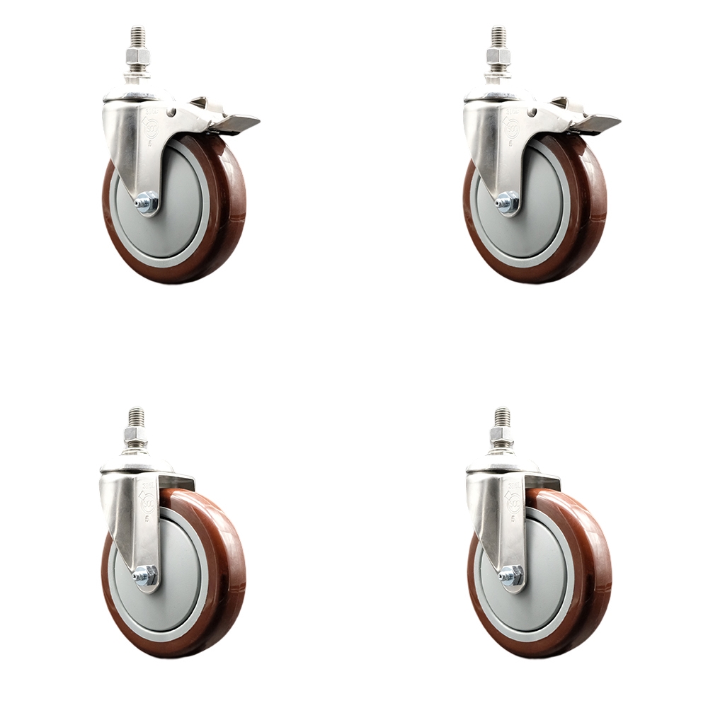 Poly Swivel Stem Caster Set of 4 with 5 Inch Maroon Caster Wheels-12mm Metric Threaded Stems-316 Stainless Steel Caster-Include 2 Swivel Casters with Total Lock Brake and 2 Swivel-Service Caster Brand — photo 1