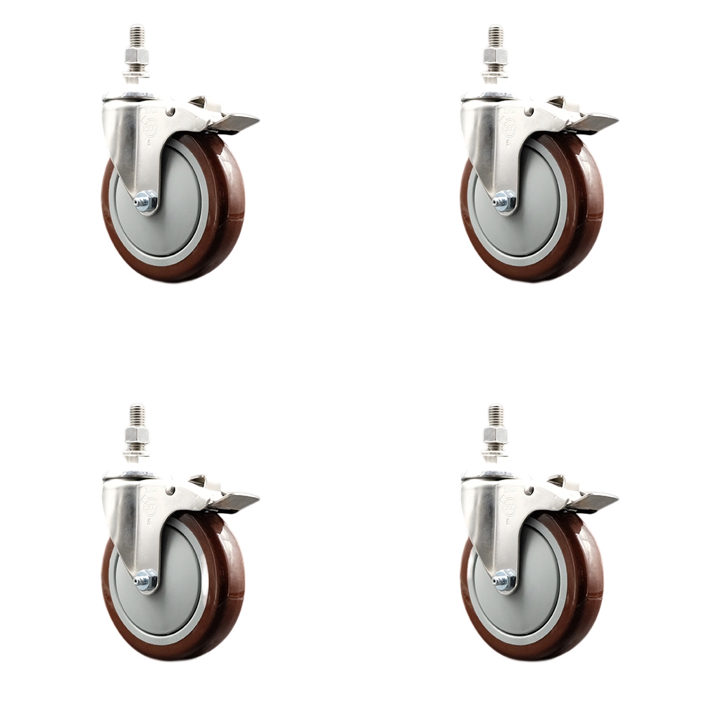 Polyurethane Swivel Stem Caster Set of 4 with 5 Inch Maroon Caster Wheels - 12mm Metric Threaded Stems-316 Stainless Steel Casters-Includes 4 Swivel Casters with Total Lock Brakes-Service Caster Brand — photo 1