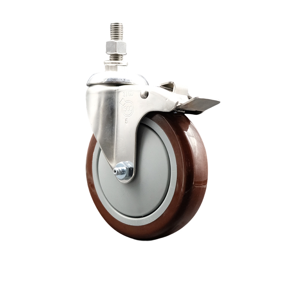 Polyurethane Swivel Stem Caster with 5 Inch Maroon Caster Wheel and Total Lock Brake - 12mm Metric Threaded Stem - 316 Stainless Steel Caster - 350 lbs. Capacity Per Caster - Service Caster Brand — photo 1