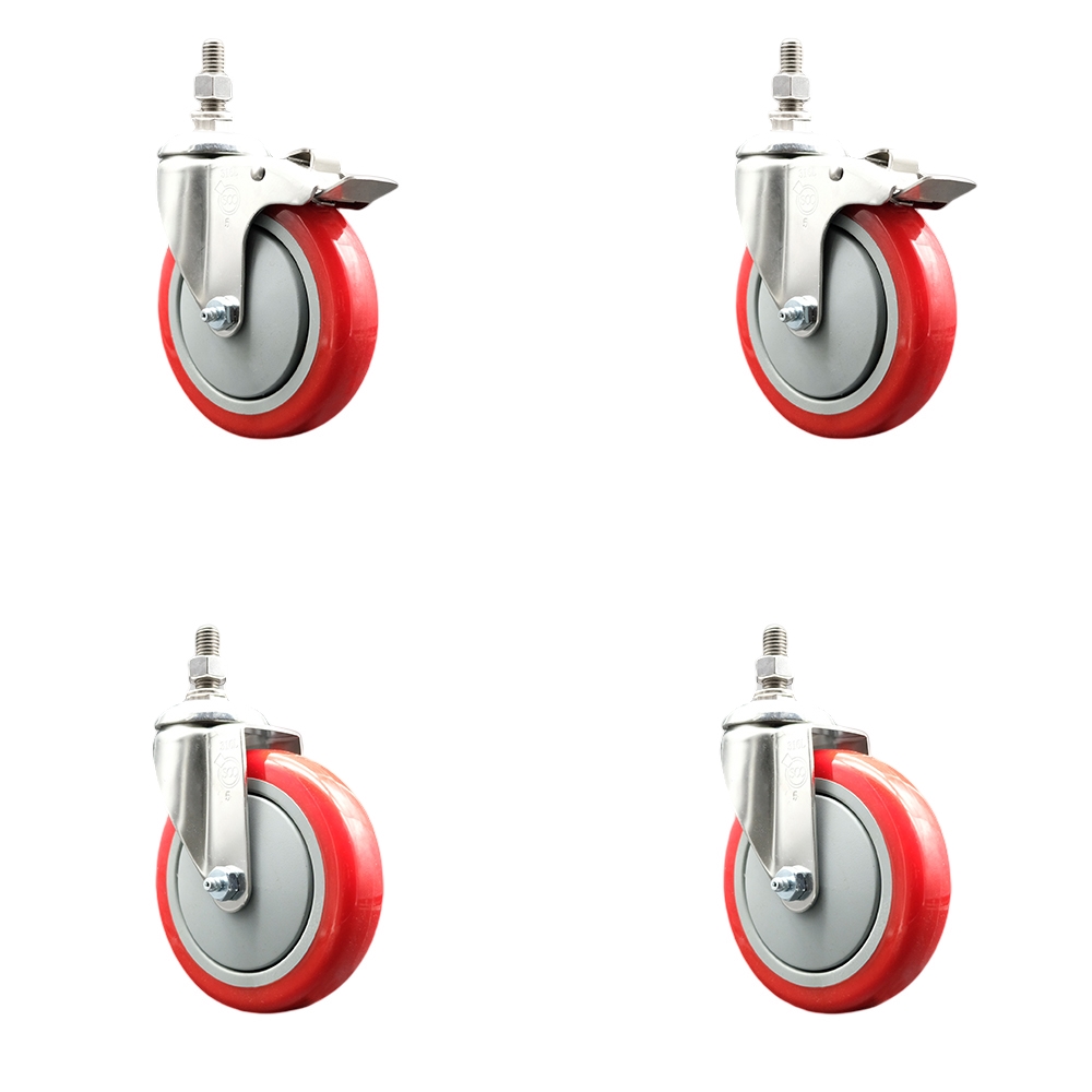 Poly Swivel Stem Caster Set of 4 with 5 Inch Red Caster Wheels - 3/8" Threaded Stems - 316 Stainless Steel Casters -Includes 2 Swivel Casters with Total Lock Brakes and 2 Swivel-Service Caster Brand — photo 1