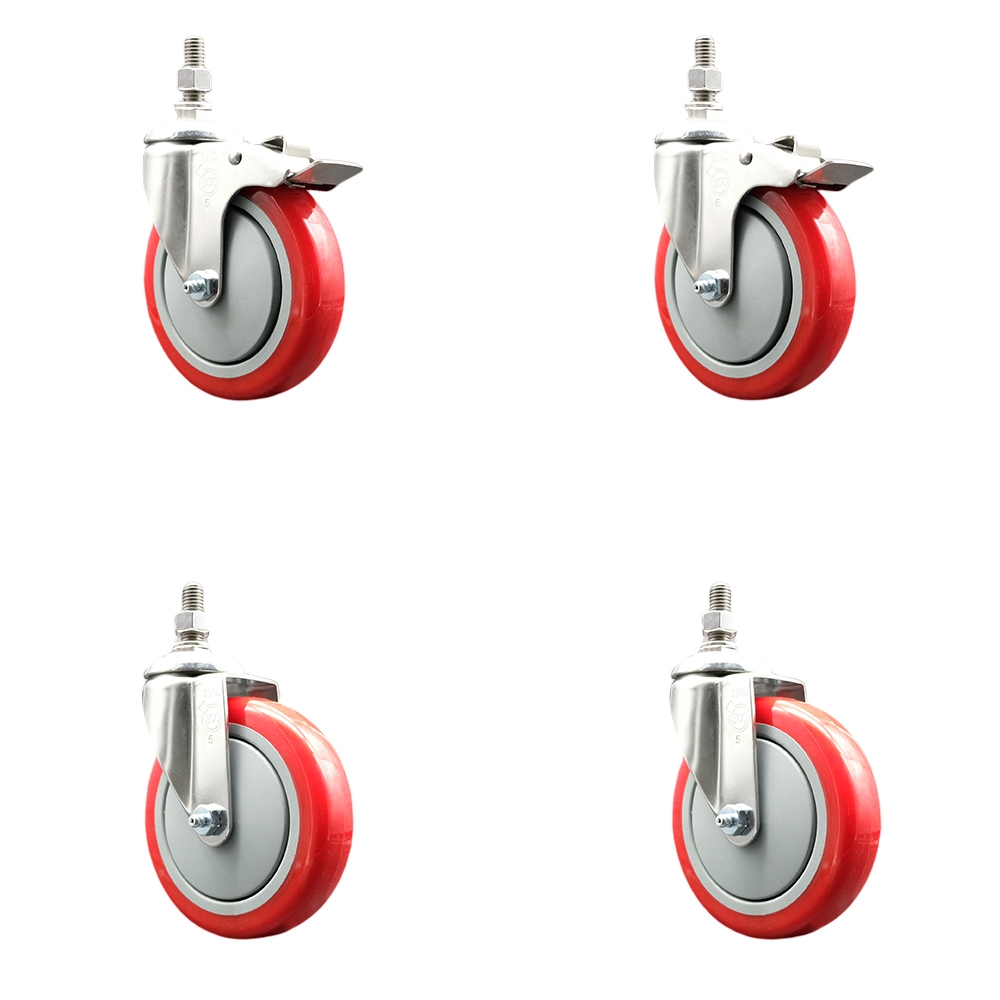 Poly Swivel Stem Caster Set of 4 with 5 Inch Red Caster Wheels-10mm Metric Threaded Stems-316 Stainless Steel Casters-Include 2 Swivel Casters with Total Lock Brake and 2 Swivel-Service Caster Brand — photo 1