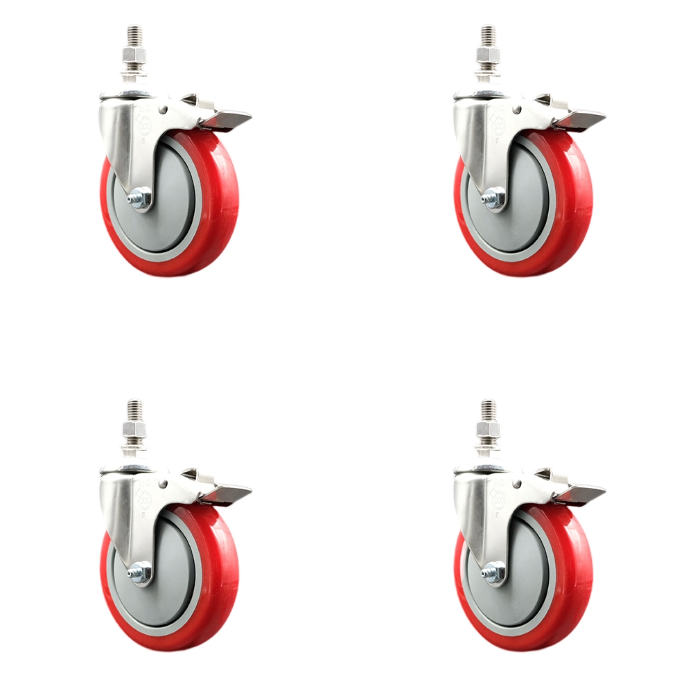 Polyurethane Swivel Stem Caster Set of 4 with 5 Inch Red Caster Wheels - 10mm Metric Threaded Stems -316 Stainless Steel Casters-Includes 4 Swivel Casters with Total Lock Brakes-Service Caster Brand — photo 1
