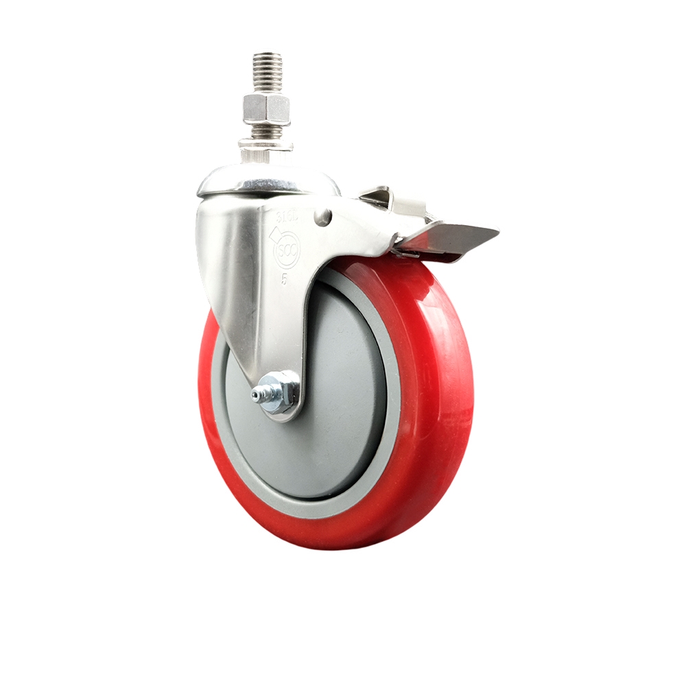 Polyurethane Swivel Stem Caster with 5 Inch Red Caster Wheel and Total Lock Brake - 10mm Metric Threaded Stem - 316 Stainless Steel Caster - 350 lbs. Capacity Per Caster - Service Caster Brand — photo 1