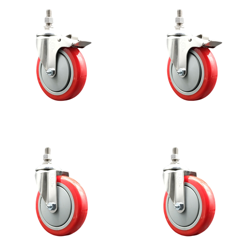Poly Swivel Stem Caster Set of 4 with 5 Inch Red Caster Wheels-12mm Metric Threaded Stems-316 Stainless Steel Casters-Include 2 Swivel Casters with Total Lock Brake and 2 Swivel-Service Caster Brand — photo 1