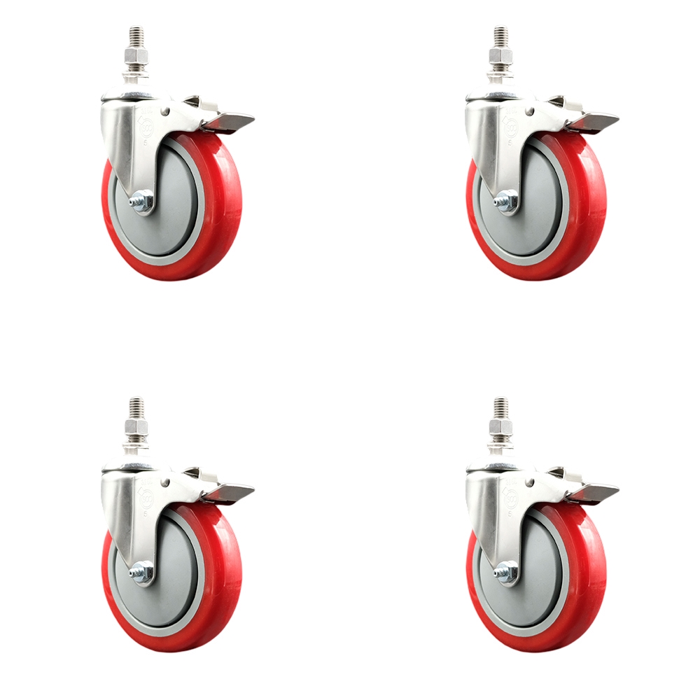 Polyurethane Swivel Stem Caster Set of 4 with 5 Inch Red Caster Wheels - 12mm Metric Threaded Stems -316 Stainless Steel Casters-Includes 4 Swivel Casters with Total Lock Brakes-Service Caster Brand — photo 1
