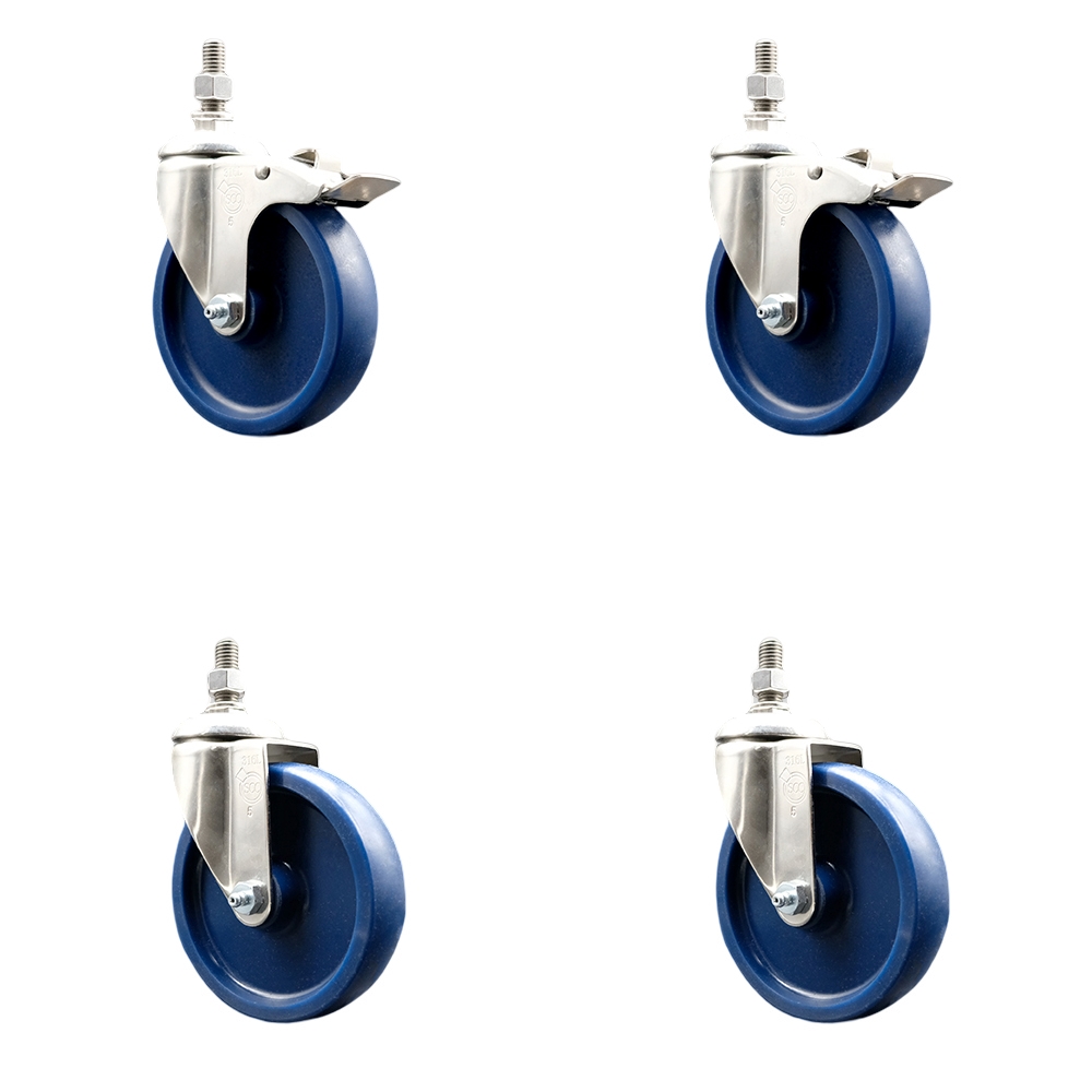 Solid Poly Swivel Stem Caster Set of 4 with 5 Inch Caster Wheels - 1/2" Threaded Stems - 316 Stainless Steel Casters-Includes 2 Swivel Casters with Total Lock Brakes and 2 Swivel- Service Caster Brand — photo 1