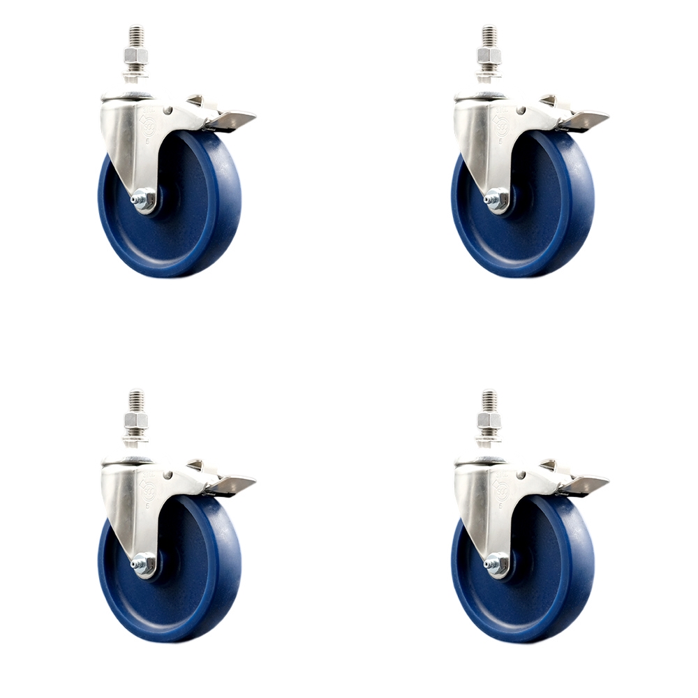 Solid Polyurethane Swivel Stem Caster Set of 4 with 5 Inch Caster Wheels - 1/2" Threaded Stems - 316 Stainless Steel Casters - Includes 4 Swivel Casters with Total Lock Brakes - Service Caster Brand — photo 1