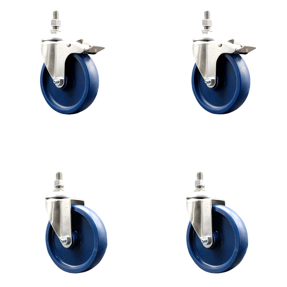 Solid Poly Swivel Stem Caster Set of 4 with 5 Inch Caster Wheels - 3/8" Threaded Stems - 316 Stainless Steel Casters-Includes 2 Swivel Casters with Total Lock Brakes and 2 Swivel- Service Caster Brand — photo 1