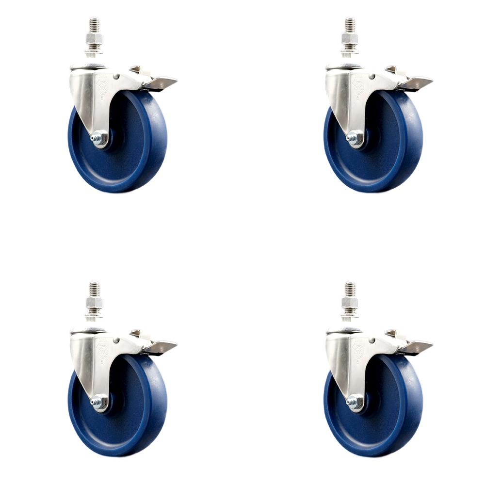 Solid Polyurethane Swivel Stem Caster Set of 4 with 5 Inch Caster Wheels - 3/8" Threaded Stems - 316 Stainless Steel Casters - Includes 4 Swivel Casters with Total Lock Brakes - Service Caster Brand — photo 1
