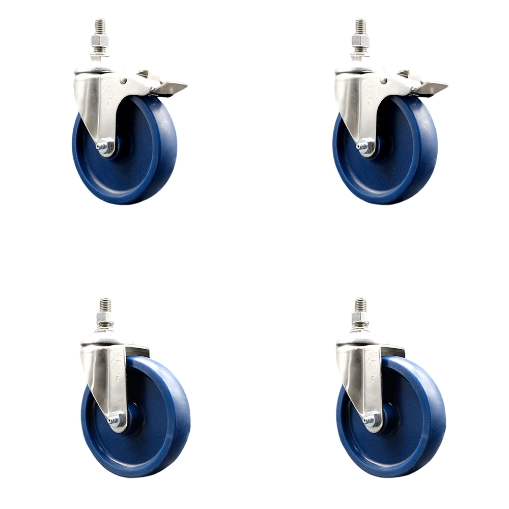 Solid Poly Swivel Stem Caster Set of 4 with 5 Inch Caster Wheels-10mm Metric Threaded Stems-316 Stainless Steel Casters-Include 2 Swivel Casters with Total Lock Brake and 2 Swivel-Service Caster Brand — photo 1
