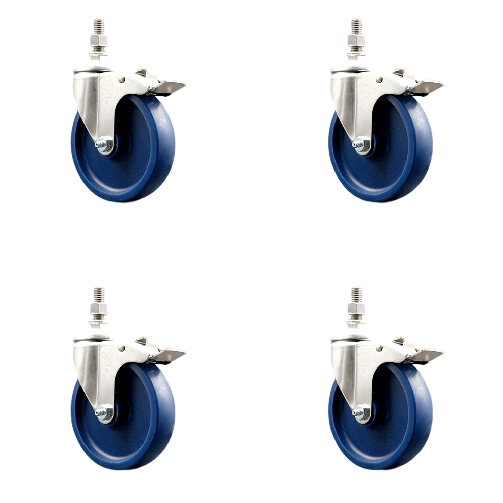 Solid Polyurethane Swivel Stem Caster Set of 4 with 5 Inch Caster Wheels - 10mm Metric Threaded Stems -316 Stainless Steel Casters-Includes 4 Swivel Casters with Total Lock Brakes-Service Caster Brand — photo 1