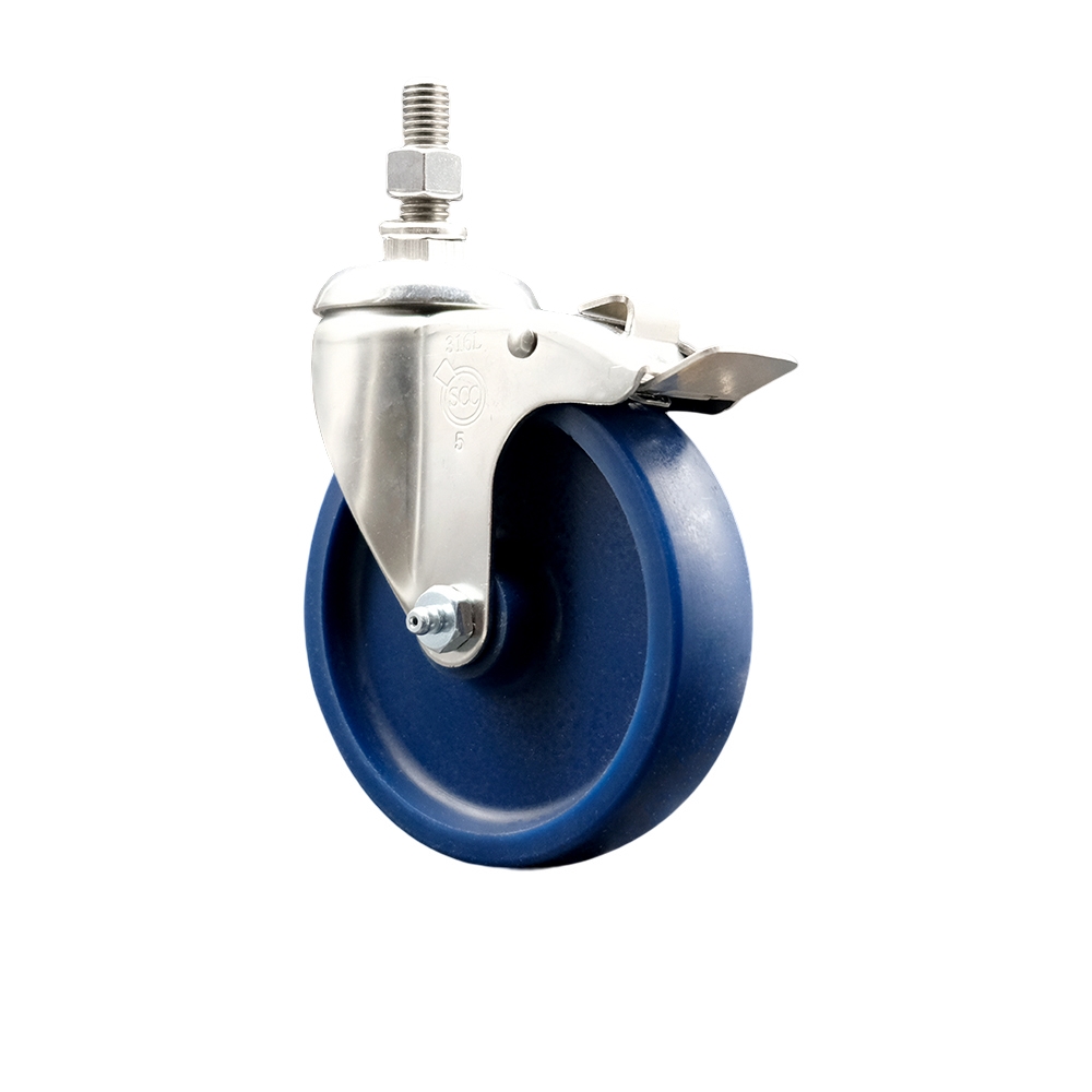 Solid Polyurethane Swivel Stem Caster with 5 Inch Blue Caster Wheel and Total Lock Brake - 10mm Metric Threaded Stem - 316 Stainless Steel Caster - 300 lbs. Capacity Per Caster - Service Caster Brand — photo 1