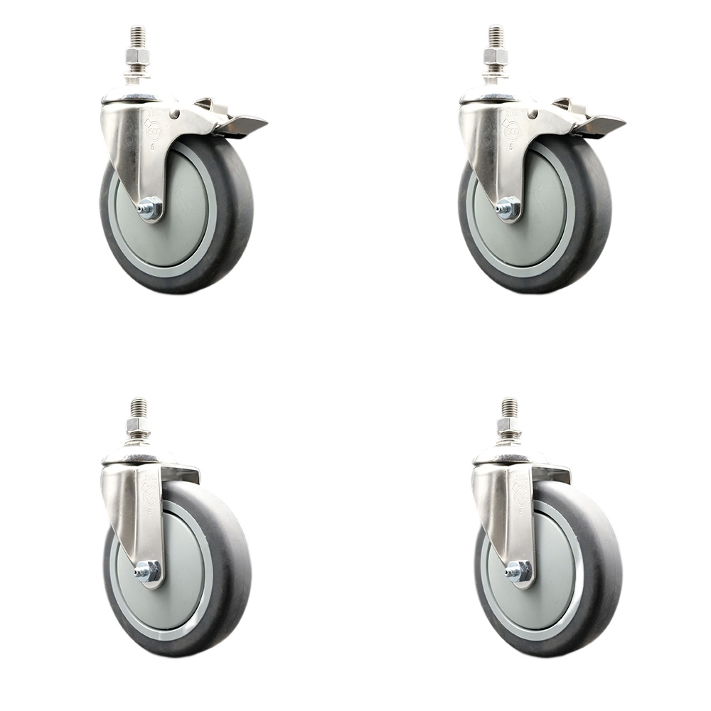 Thermoplastic Rubber Swivel Stem Caster Set of 4 with 5 Inch Caster Wheels-1/2" Threaded Stem-316 Stainless Steel Caster-Include 2 Swivel Caster with Total Lock Brake and 2 Swivel-Service Caster Brand — photo 1