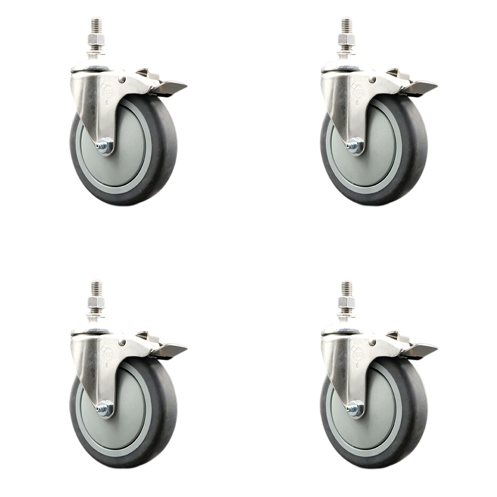 Thermoplastic Rubber Swivel Stem Caster Set of 4 with 5 Inch Caster Wheels - 1/2" Threaded Stems - 316 Stainless Steel Casters - Includes 4 Swivel Casters with Total Lock Brakes - Service Caster Brand — photo 1