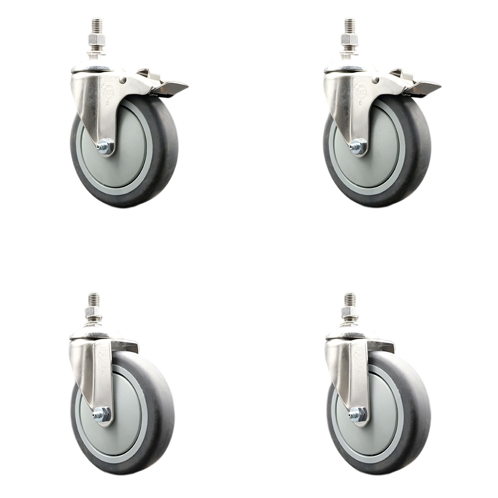 Thermoplastic Rubber Swivel Stem Caster Set of 4 with 5 Inch Caster Wheels-3/8" Threaded Stem-316 Stainless Steel Caster-Include 2 Swivel Caster with Total Lock Brake and 2 Swivel-Service Caster Brand — photo 1