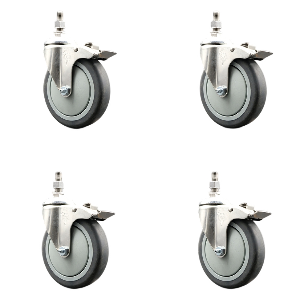 Thermoplastic Rubber Swivel Stem Caster Set of 4 with 5 Inch Caster Wheels - 3/8" Threaded Stems - 316 Stainless Steel Casters - Includes 4 Swivel Casters with Total Lock Brakes - Service Caster Brand — photo 1