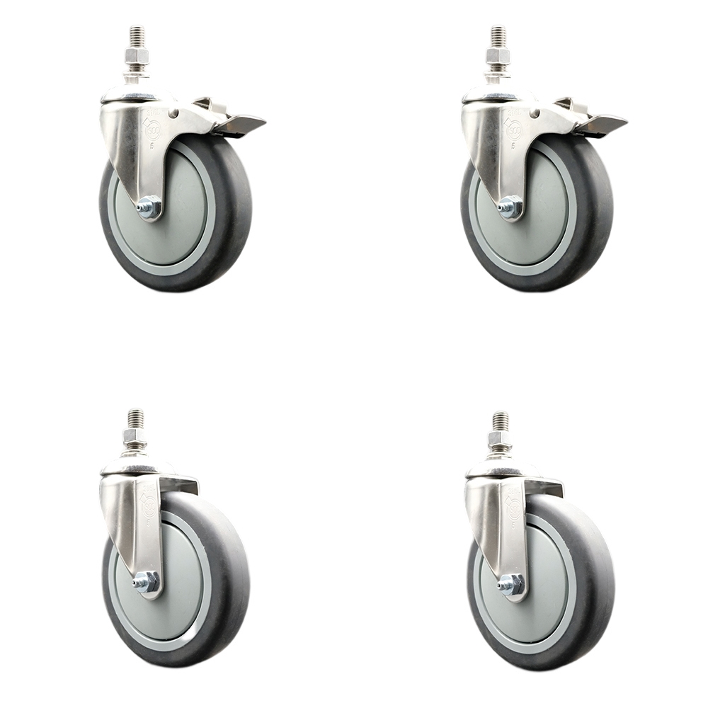 Thermoplastic Rubber Swivel Stem Caster Set of 4 with 5 Inch Caster Wheels-10mm Threaded Stem-316 Stainless Steel Caster-Include 2 Swivel Caster with Total Lock Brake and 2 Swivel-Service Caster Brand — photo 1