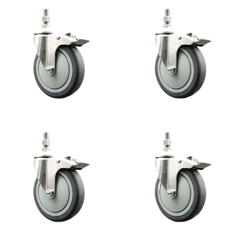 Thermoplastic Rubber Swivel Stem Caster Set of 4 with 5 Inch Caster Wheels -10mm Metric Threaded Stems-316 Stainless Steel Casters-Includes 4 Swivel Casters with Total Lock Brakes-Service Caster Brand — photo 1