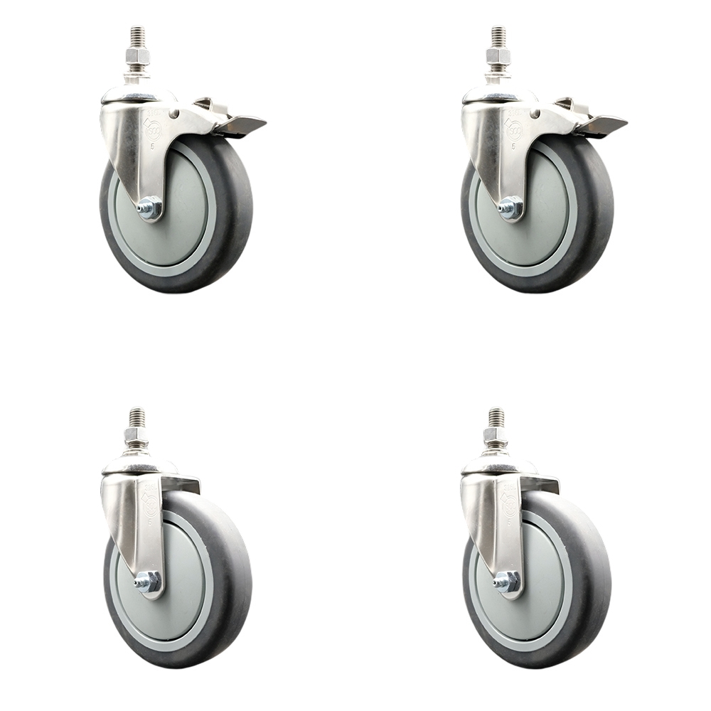 Thermoplastic Rubber Swivel Stem Caster Set of 4 with 5 Inch Caster Wheels-12mm Threaded Stem-316 Stainless Steel Caster-Include 2 Swivel Caster with Total Lock Brake and 2 Swivel-Service Caster Brand — photo 1