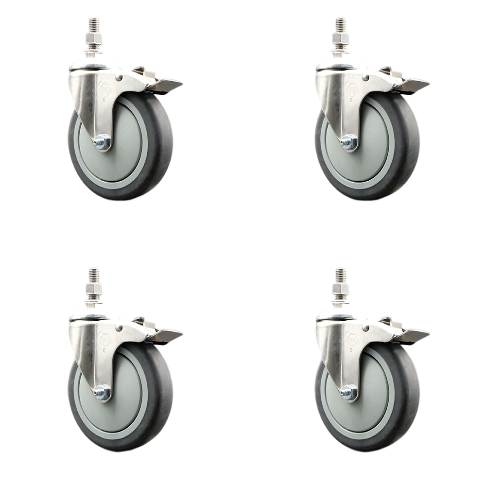 Thermoplastic Rubber Swivel Stem Caster Set of 4 with 5 Inch Caster Wheels -12mm Metric Threaded Stems-316 Stainless Steel Casters-Includes 4 Swivel Casters with Total Lock Brakes-Service Caster Brand — photo 1